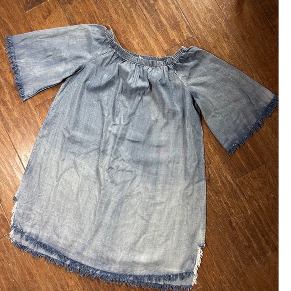 easel Tops - Easel‎ Womens Blue Tencel Fringe Off Shoulder Tunic Top Flutter Sleeve M ED3258